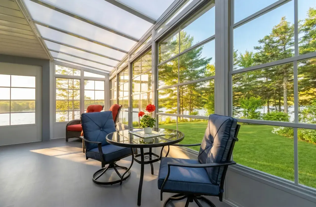 A bright 3 season sunroom vinyl enclosure with blue patio chairs overlooking a lakeside lawn setting