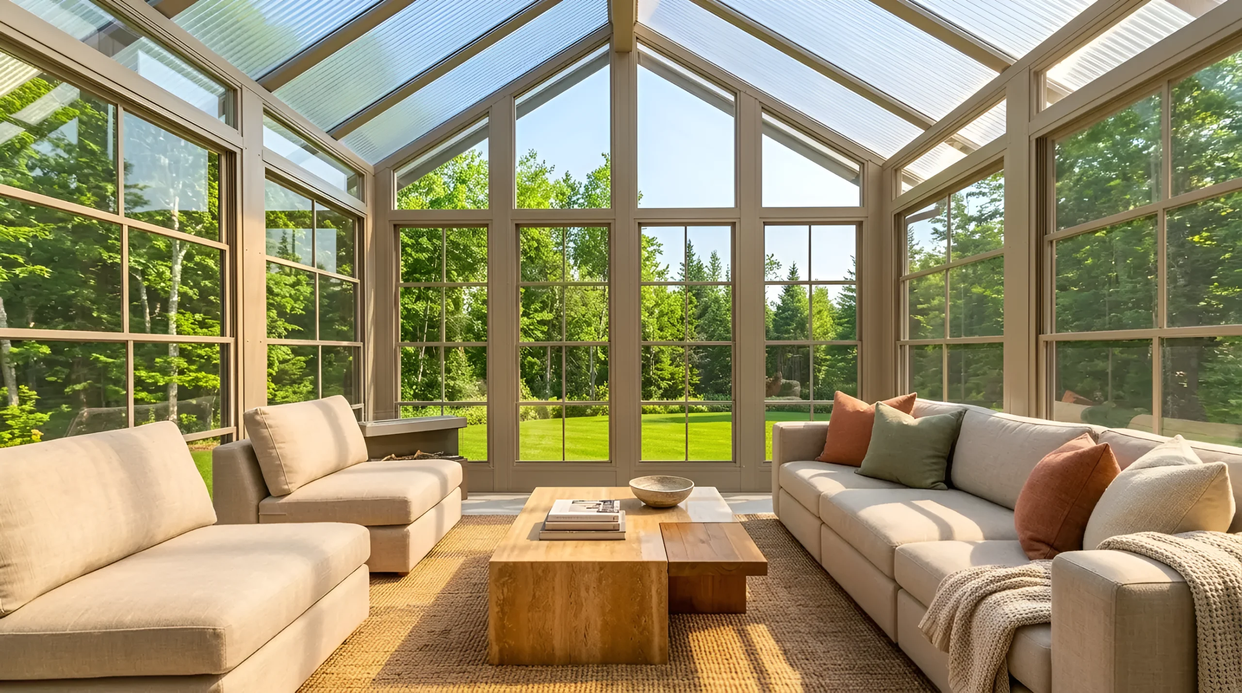 A 3-season vinyl sunroom featuring a gabled glass roof, large windows, and comfortable living room furniture