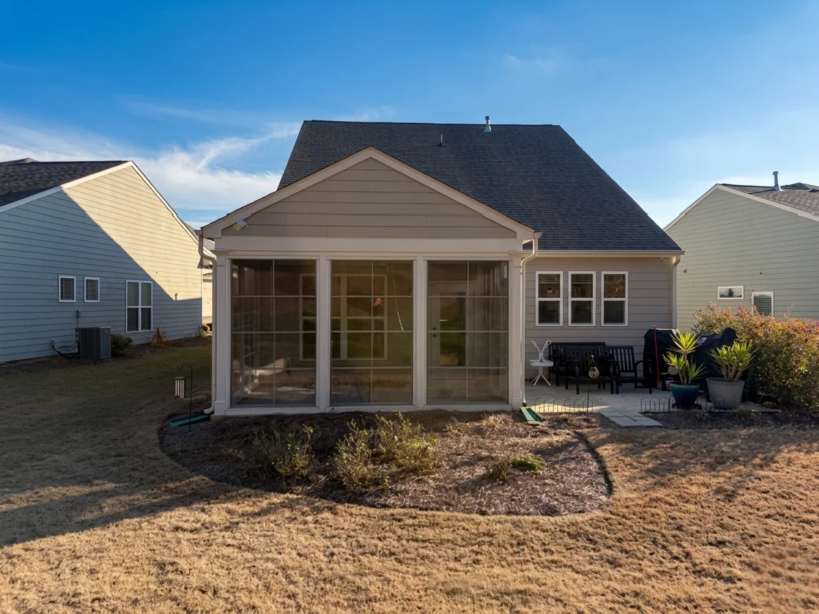 Sunspace sunroom glass panel walls shingle roof backyard suburban home