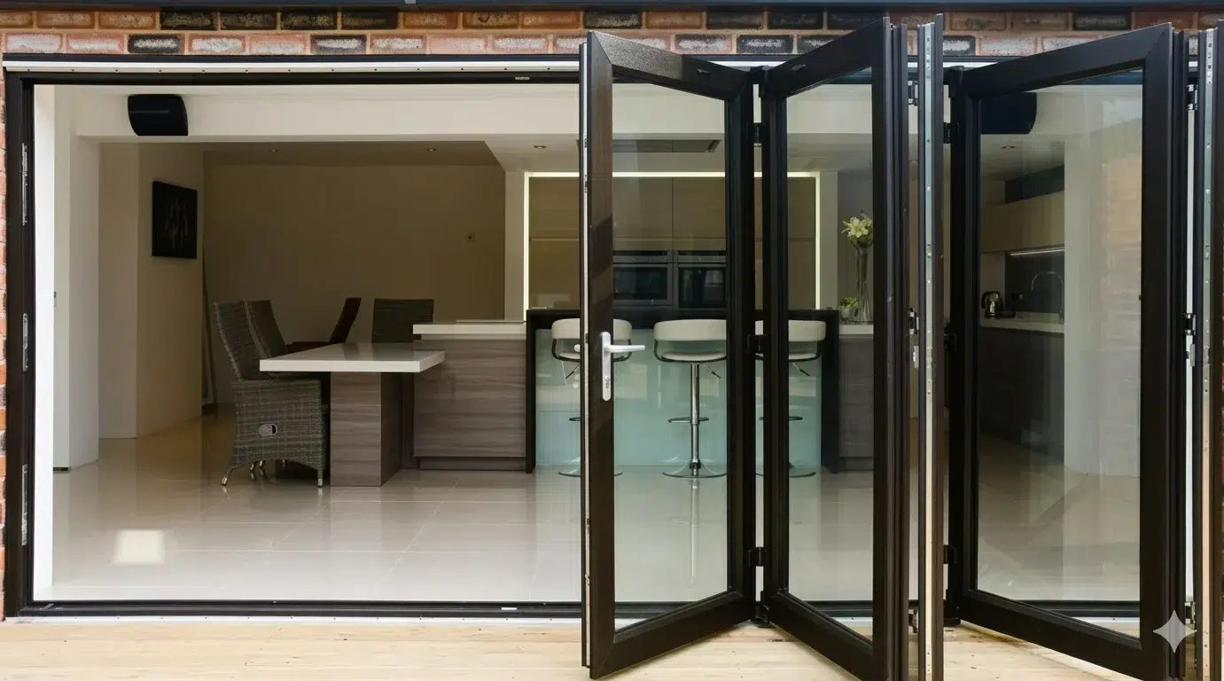 Dark aluminum bifold glass patio doors open modern kitchen interior
