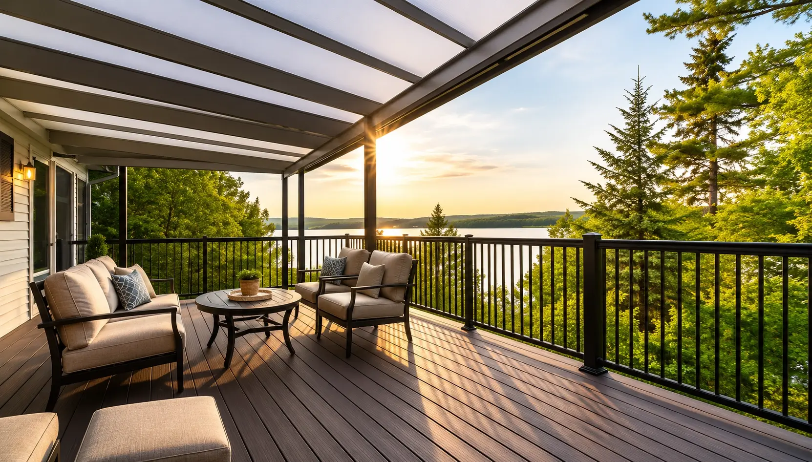 Hybrid patio cover deck lake view outdoor seating translucent roof panels