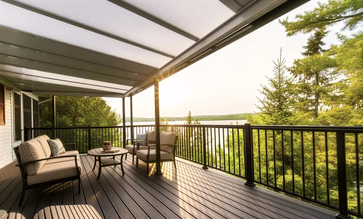Hybrid patio cover deck lake view outdoor seating translucent roof panels