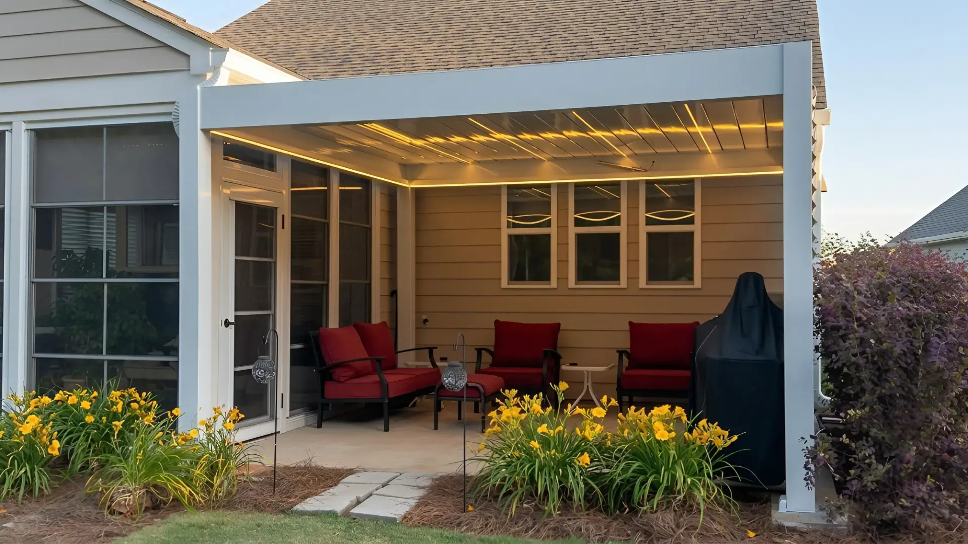 A modern white louvered patio cover with glowing LED lights over red outdoor furniture.