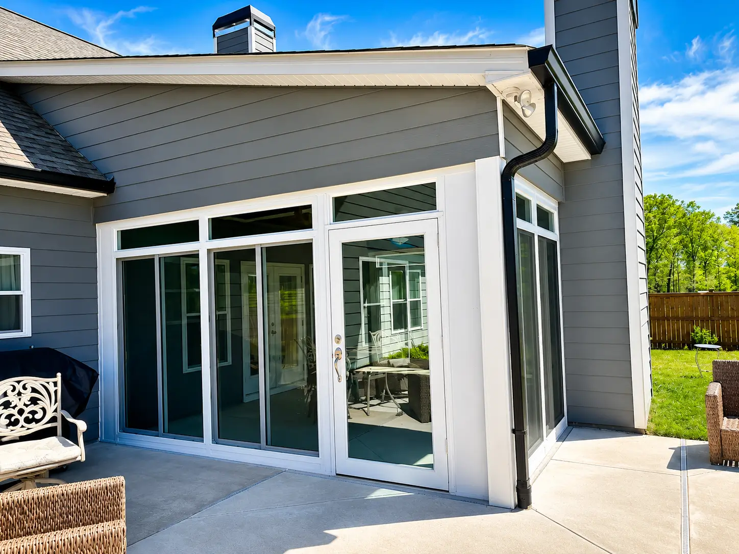 An exterior view of a custom white Sunspace sunroom enclosure on a concrete patio.