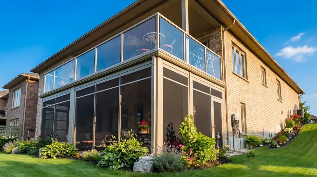Sunspace Model 100 screen room extension attached to the back of a house.