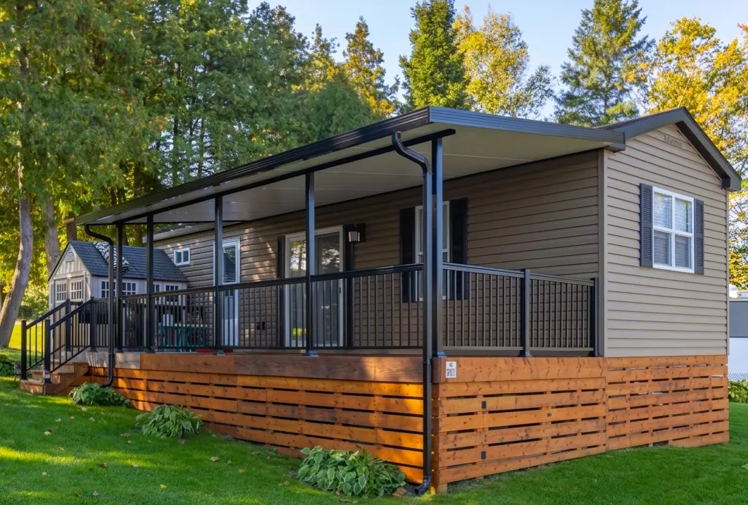 Exterior view of a manufactured home featuring a solid insulated patio cover over a wooden deck, complete with black railings and wood lattice skirting, surrounded by a green lawn and trees.