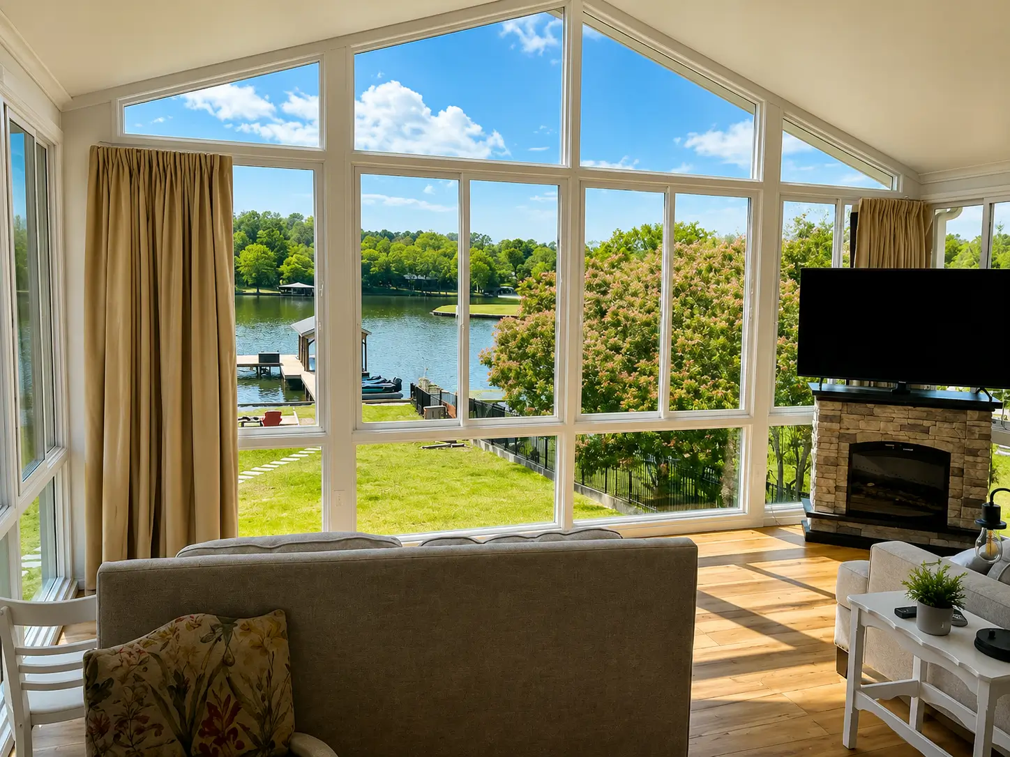 A cozy sunroom featuring a fireplace and large windows overlooking a scenic lake.