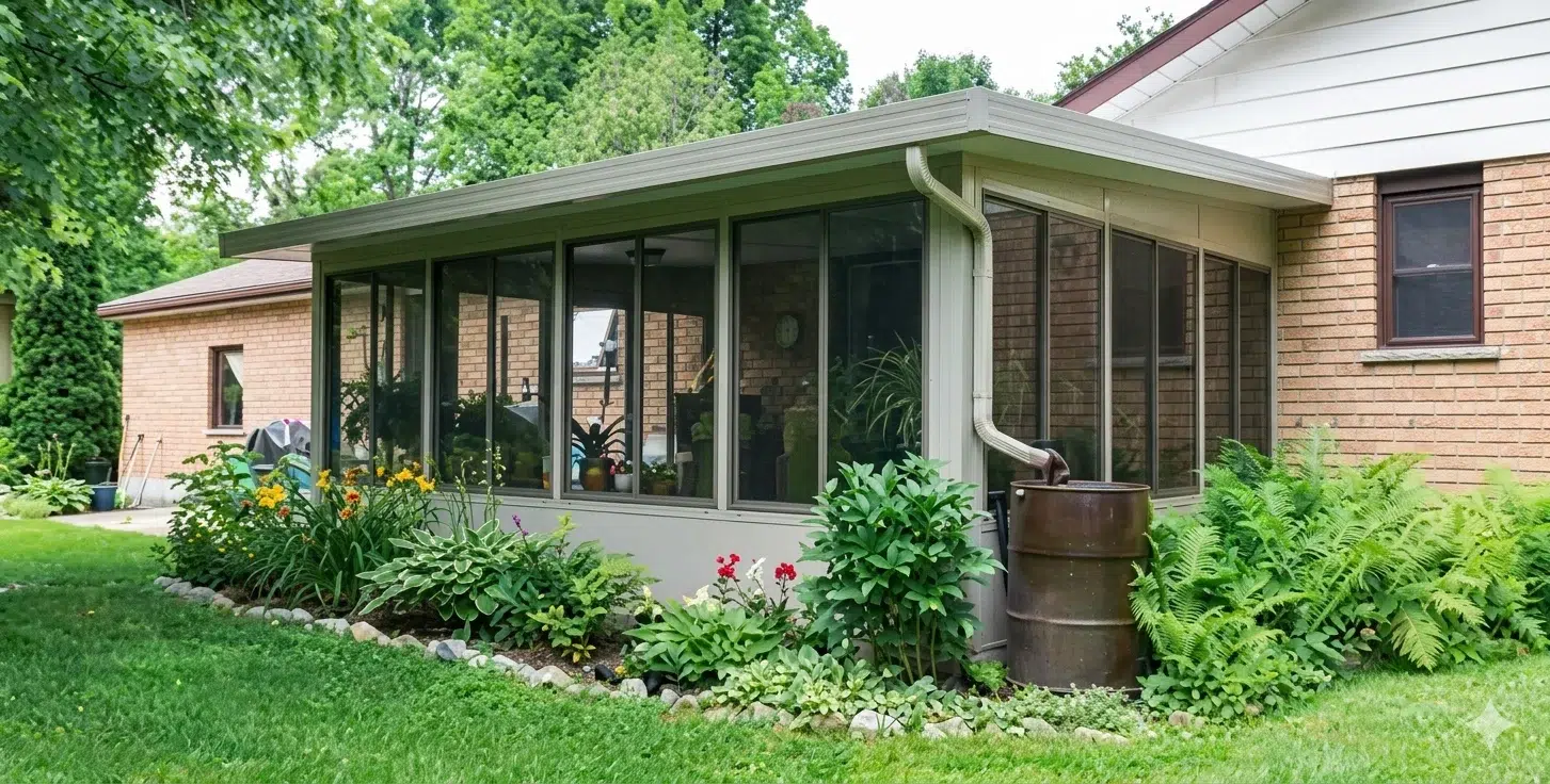 Sunspace sunroom flat roof green aluminum frame garden brick home