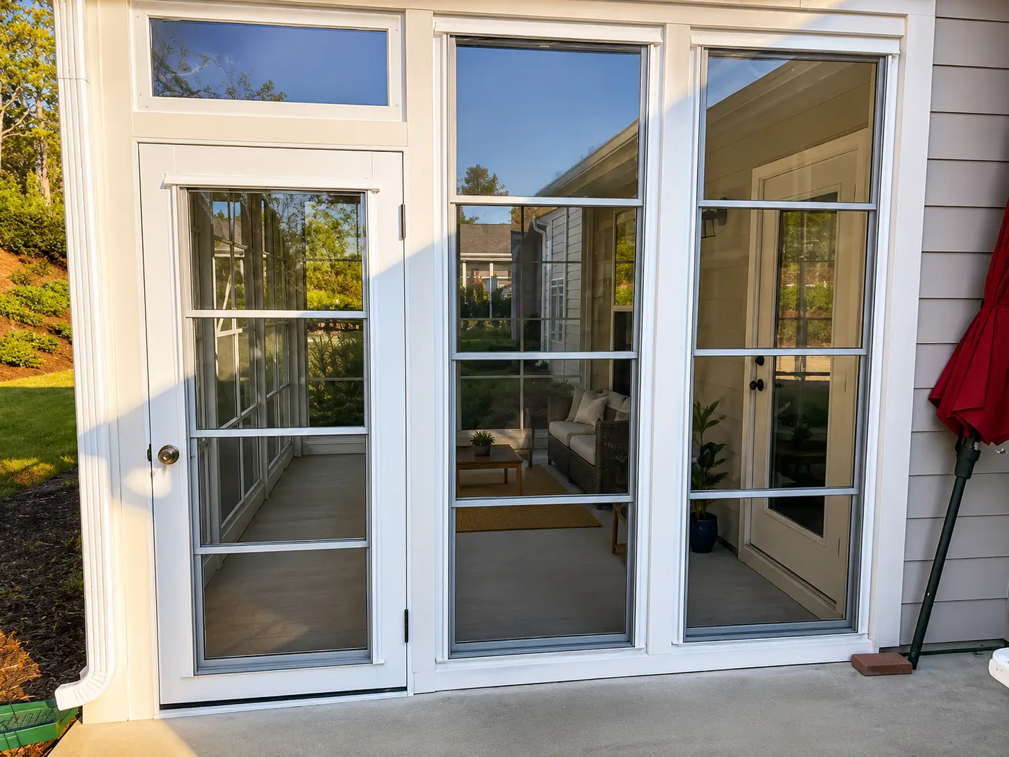WeatherMaster windows installed in a bright sunroom featuring comfortable seating and natural light