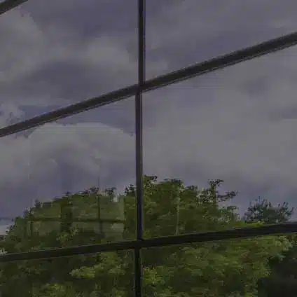 View through WeatherMaster™ Windows featuring a smoke dark gray tint, providing significant glare reduction and shading while looking out at lush green trees and a cloudy sky