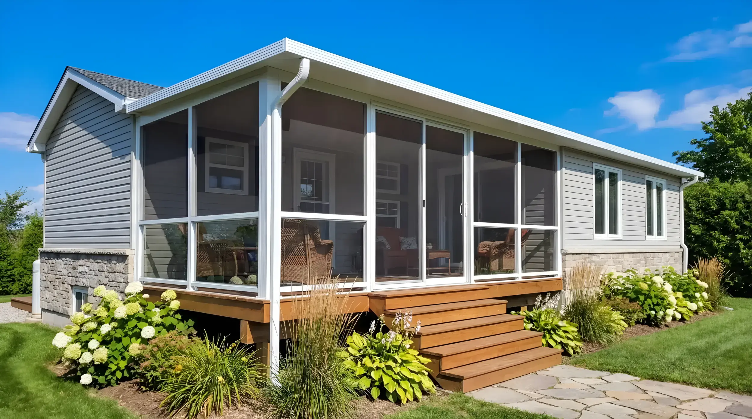 Beautiful home deck featuring an attached white frame Model 100 screenroom with sliding door.