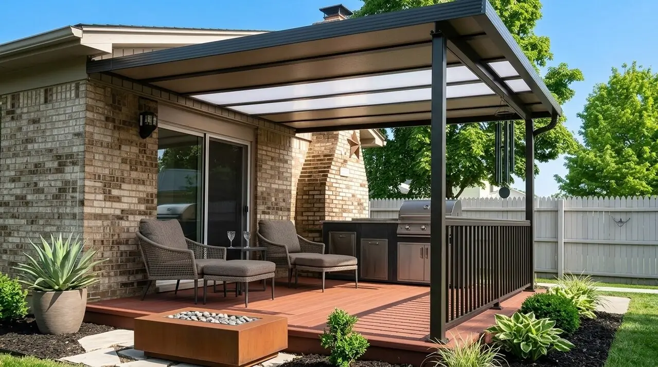 A stylish hybrid patio cover installed over a wooden deck, featuring a mix of solid and translucent panels, providing shaded lounge space and an outdoor kitchen area.