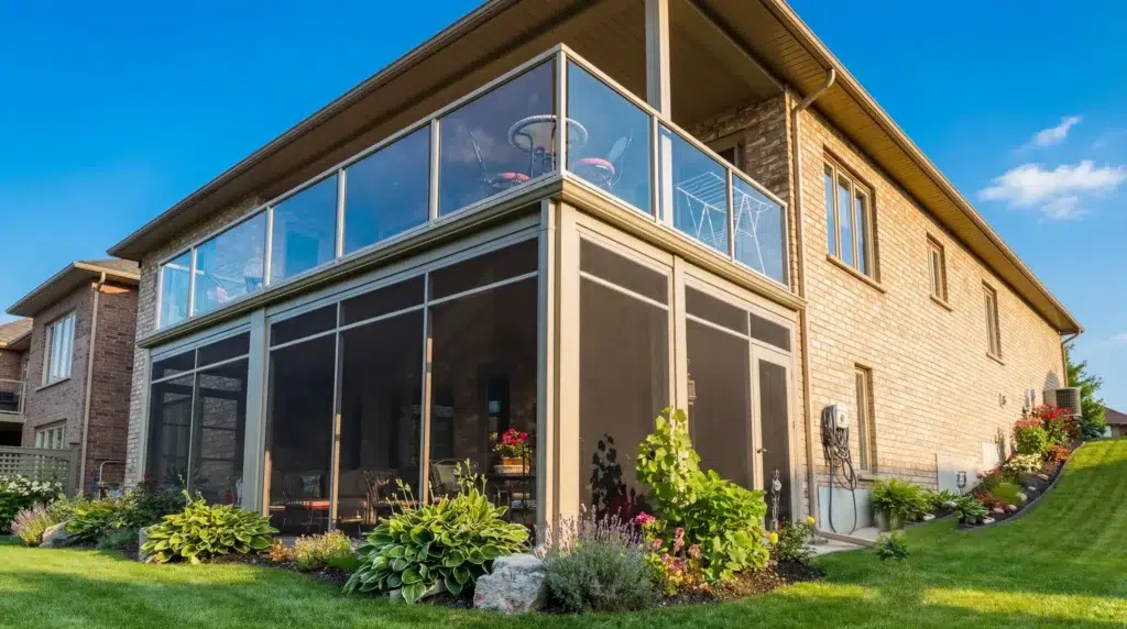 Sunspace Model 100 screen room extension attached to the back of a house.