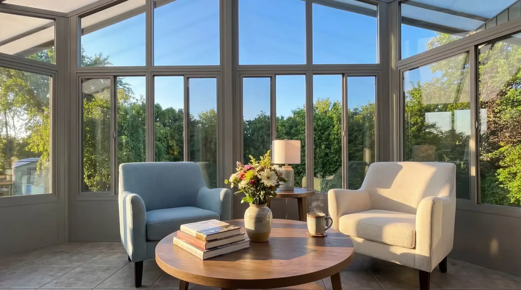 Sunspace Model 300 glass sunroom lounge featuring two comfortable armchairs and scenic backyard views.
