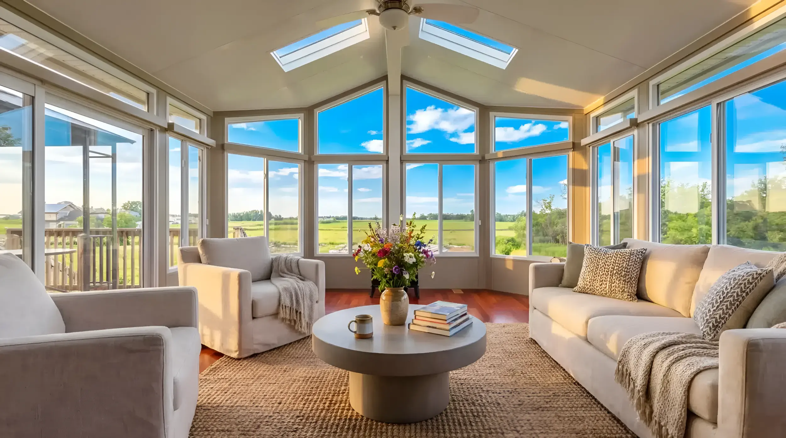 Bright Sunspace Model 400 insulated sunroom featuring vaulted ceilings, skylights, and comfortable living furniture.