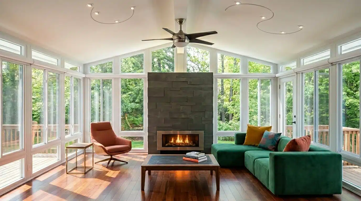 Modern Sunspace Model 400 insulated sunroom featuring a sleek fireplace and emerald green sofa.