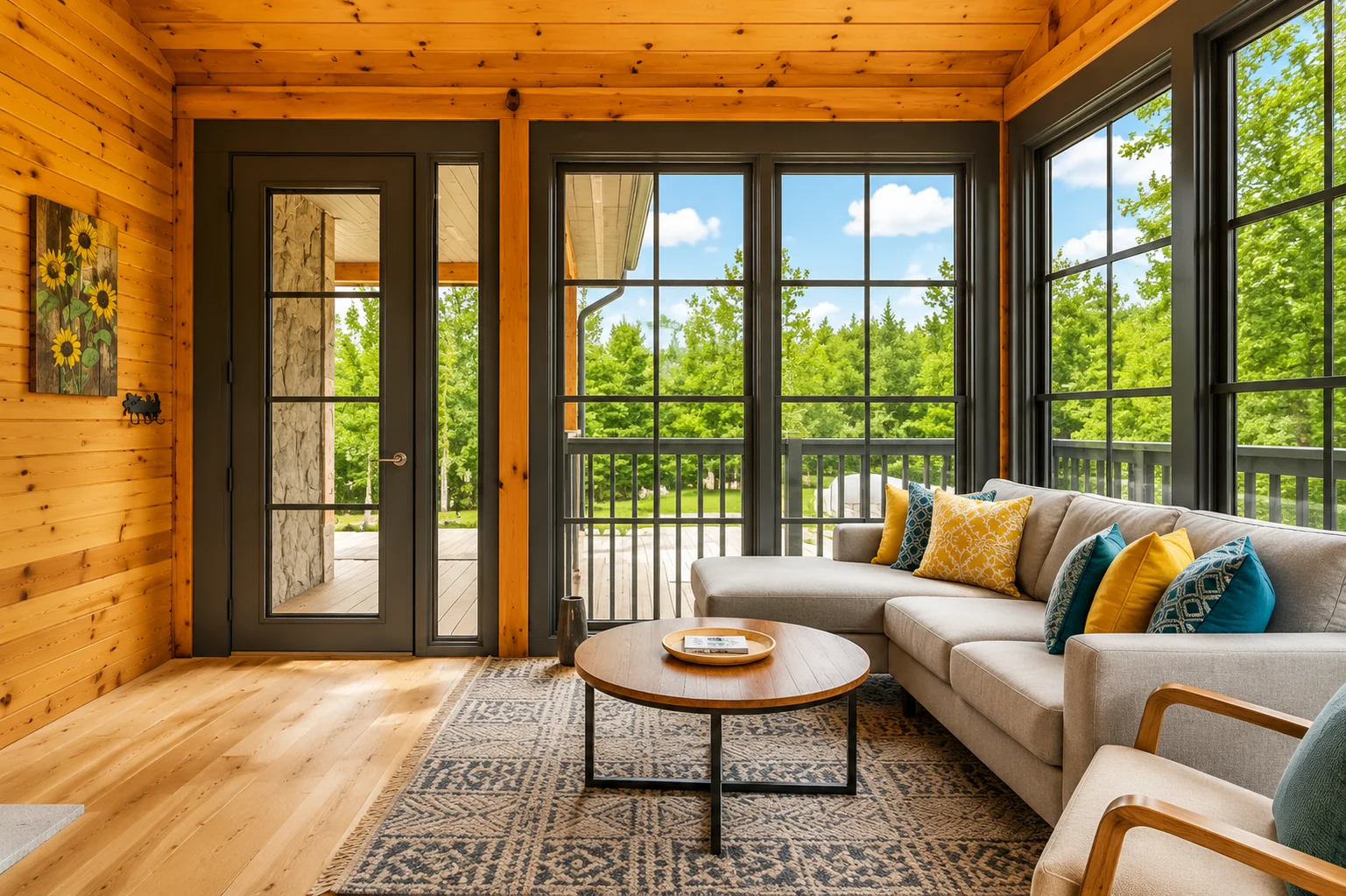 A cozy sunroom with natural wood walls, a modern gray sectional sofa, and floor-to-ceiling windows overlooking a lush forest.
