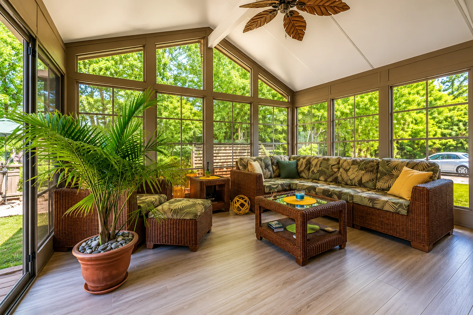 A cozy sunroom interior with wicker furniture and green-patterned cushions, surrounded by large glass windows looking out into a garden.