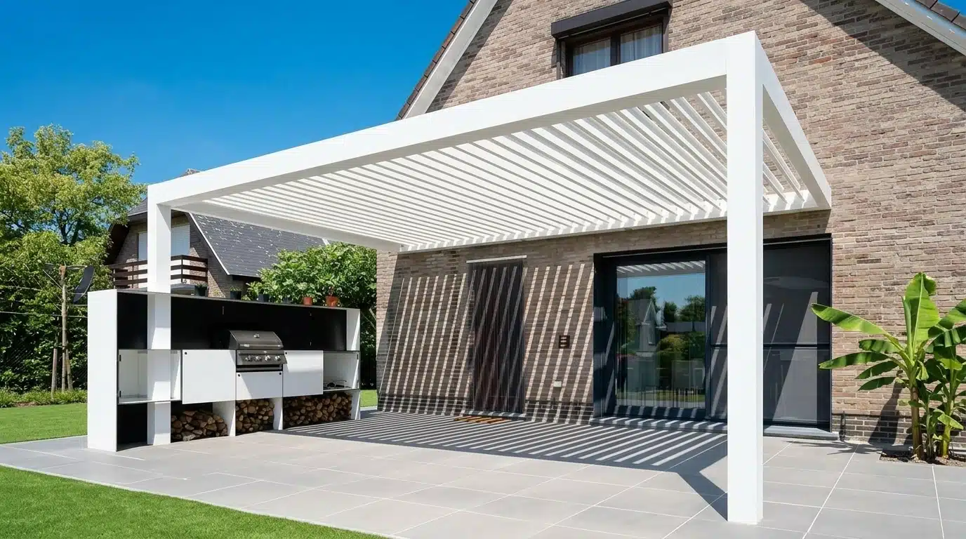 Modern white sunspace white louver pergola over an outdoor dining table set on a backyard patio