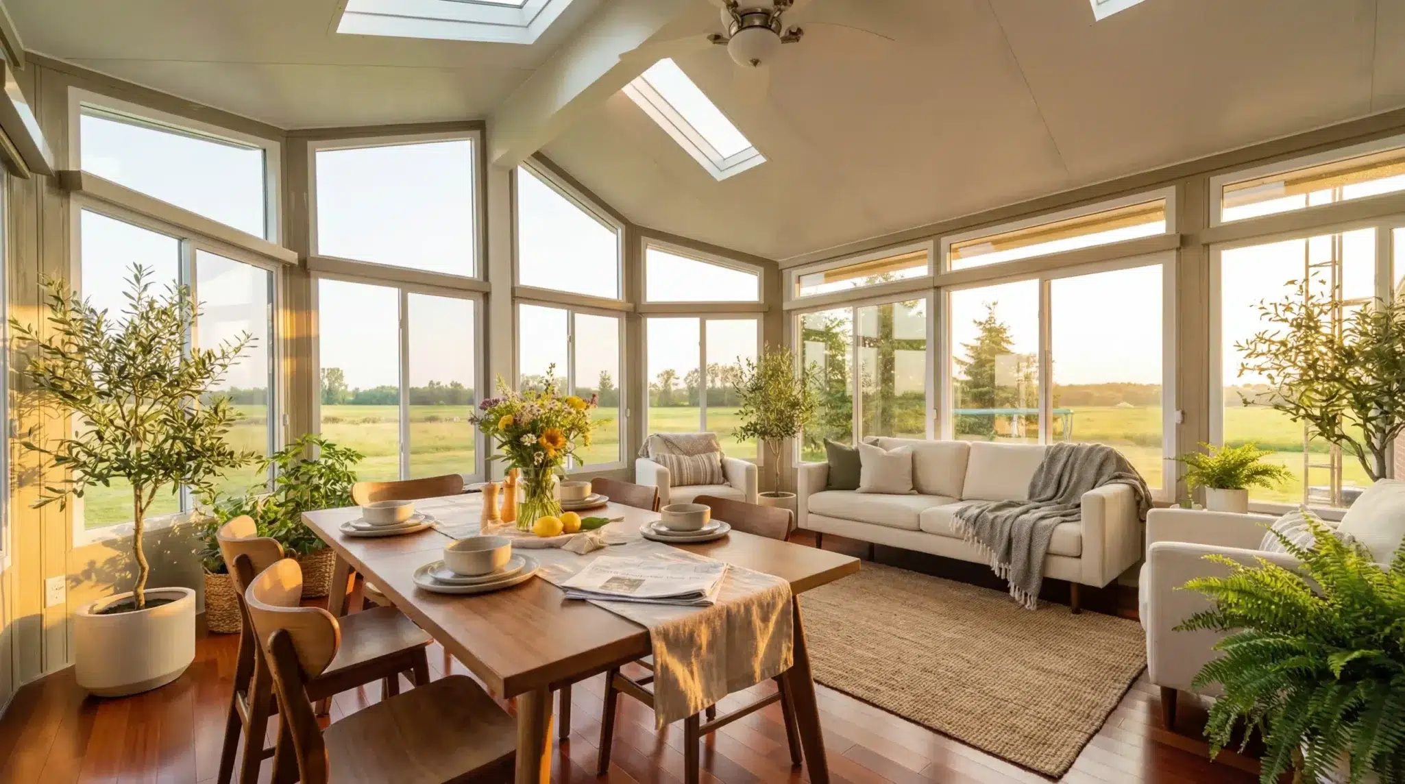 Bright Sunspace Model 400 insulated sunroom featuring a dining set and living area.