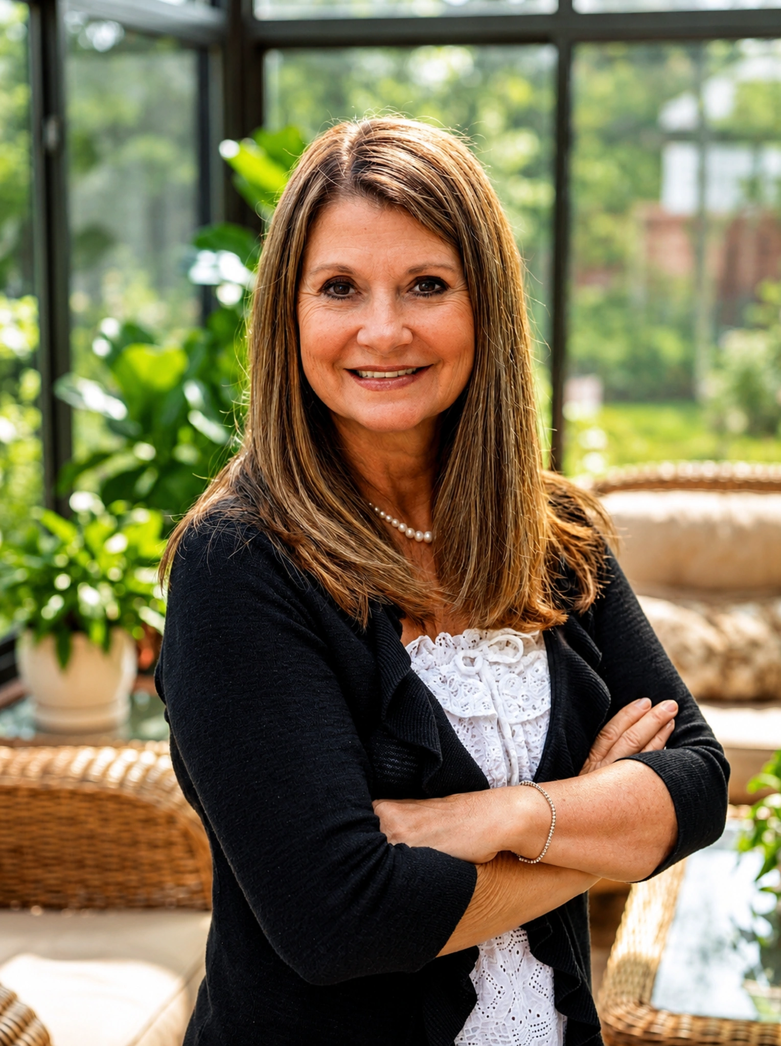 Kelly Carter, South Atlanta homeowner, standing inside a custom glass sunroom filled with natural light and house plants.